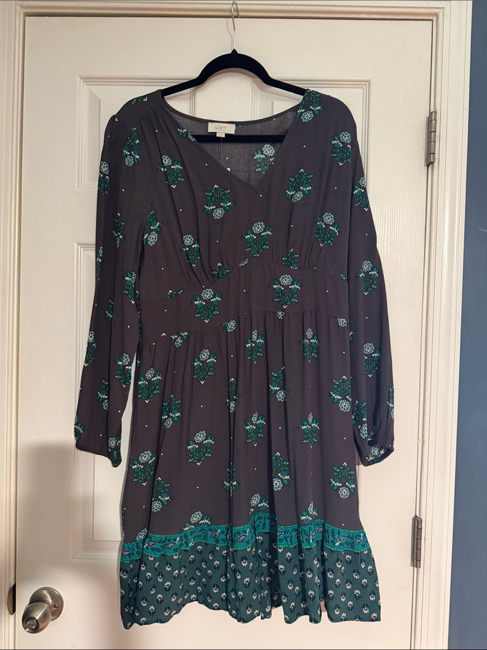 LOFT Dark Gray Long Sleeve Floral Border Dress with Teal Accents